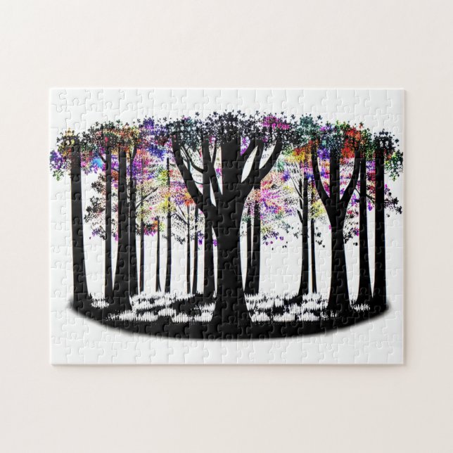 Abstract Rainbow Leaves on Silhouette Tree Forest Jigsaw Puzzle (Horizontal)