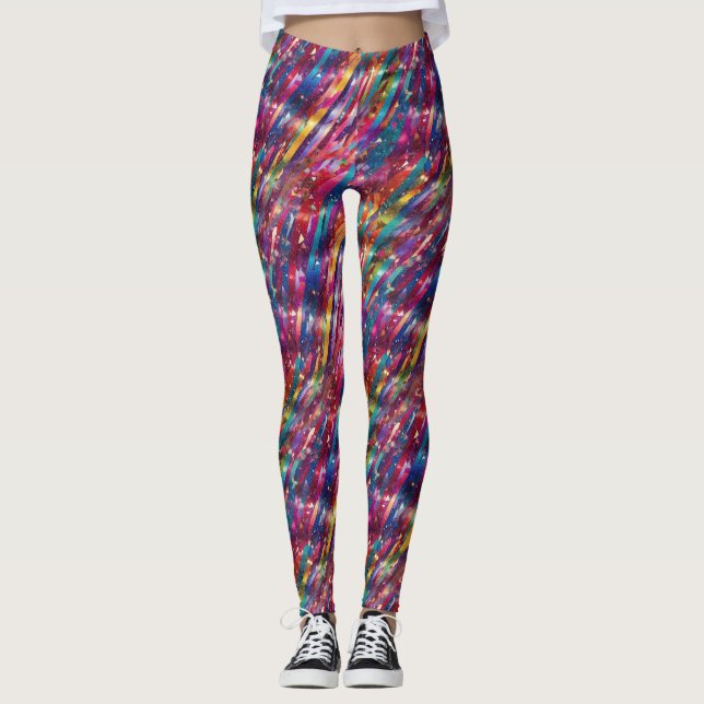 Abstract Rainbow Stripes Disco Glittery Pattern Leggings (Front)