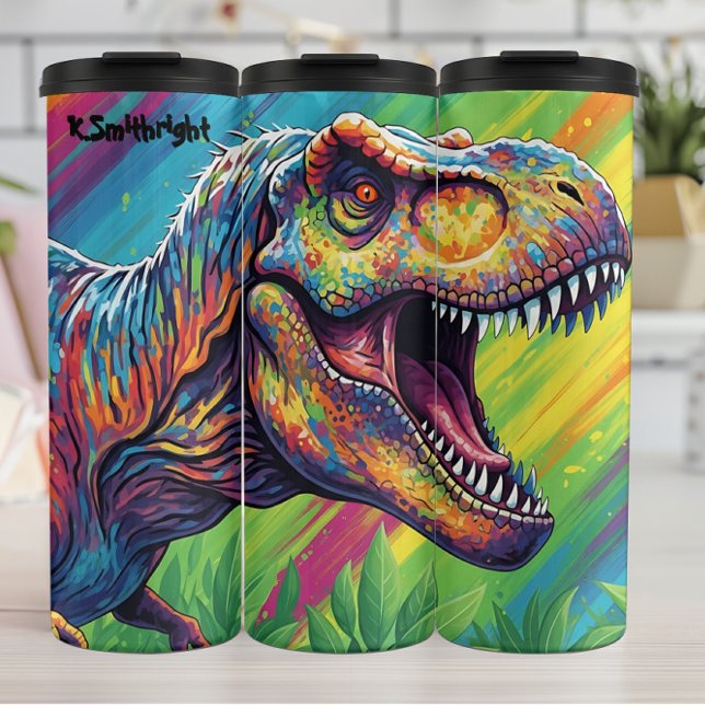 Abstract Rainbow T-Rex Roaring Art Thermal Tumbler (Creator Uploaded)
