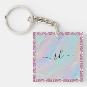 Abstract Rainbow Texture and Pink Crystal Key Ring