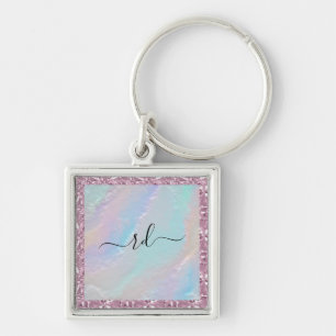 Abstract Rainbow Texture and Pink Crystal Key Ring