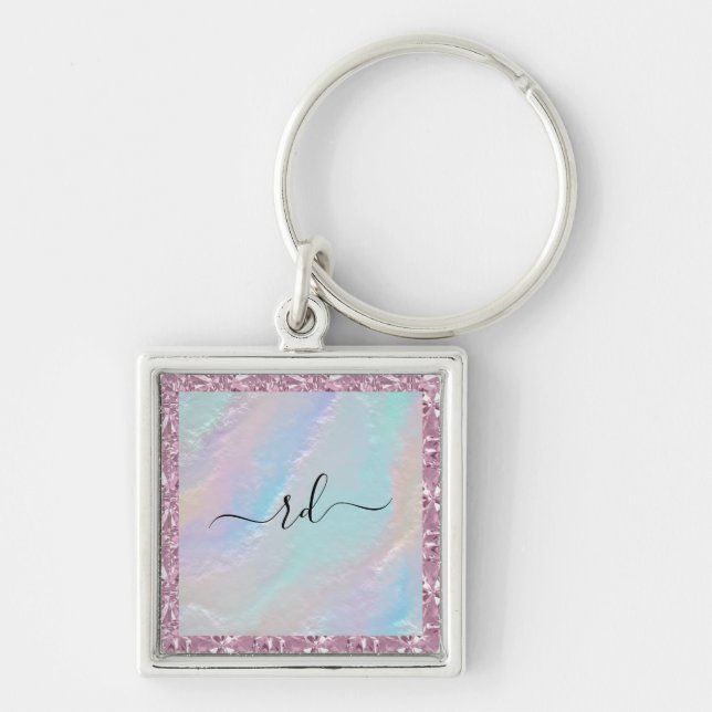 Abstract Rainbow Texture and Pink Crystal Key Ring (Front)