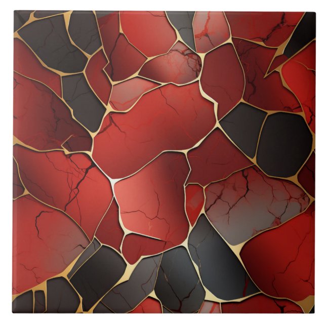 Abstract Red and Black Geometric Ceramic Tile (Front)