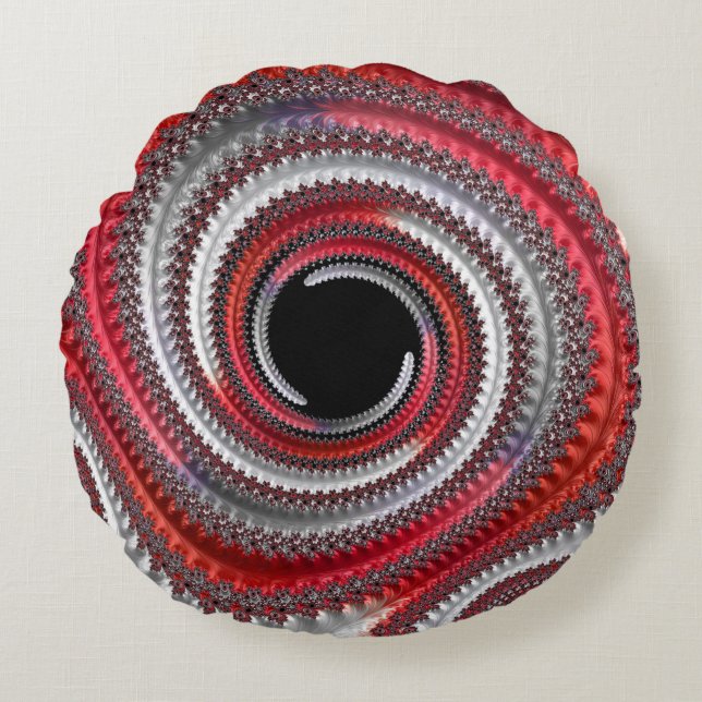 Abstract Red and Black Gradient Spiral Fractal Round Cushion (Front)
