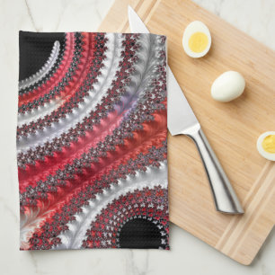 Abstract Red and Black Gradient Spiral Fractal Tea Towel