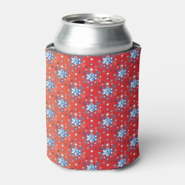 Abstract red and blue Christmas snowflakes Can Cooler (Can Front)