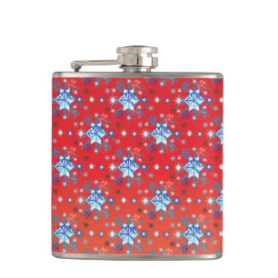Abstract red and blue Christmas snowflakes Hip Flask