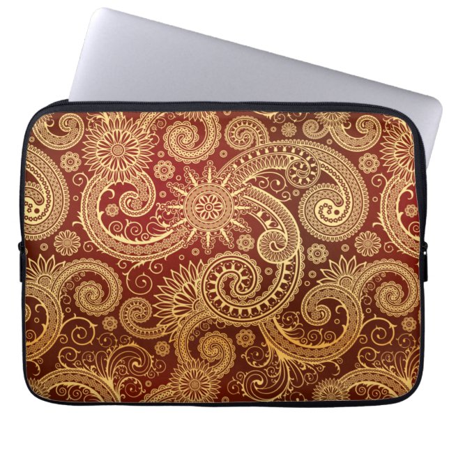 Abstract Red and Gold Floral Pattern Laptop Sleeve (Front)