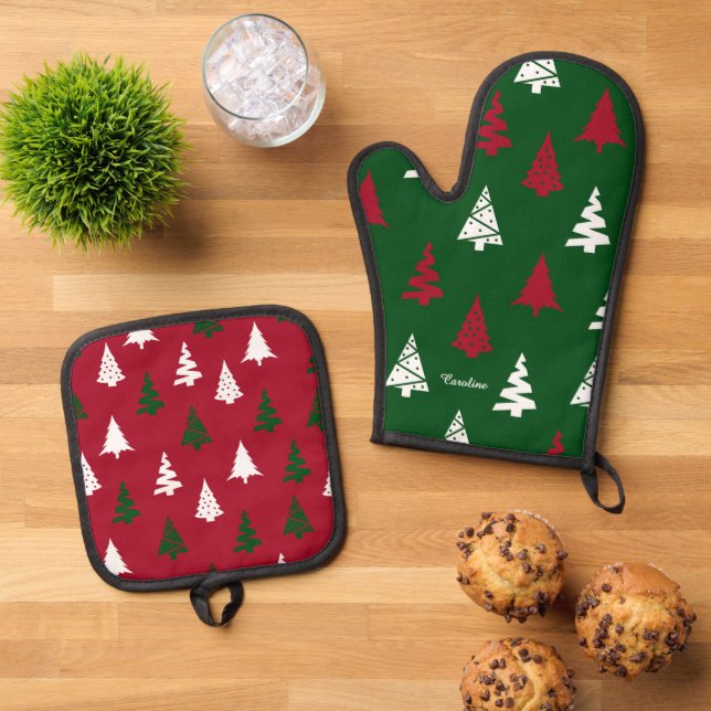 Abstract Red and Green Christmas Tree Oven Mitt & Pot Holder Set (Top Down)