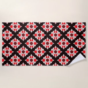 Abstract Red and White Floral Pattern Beach Towel