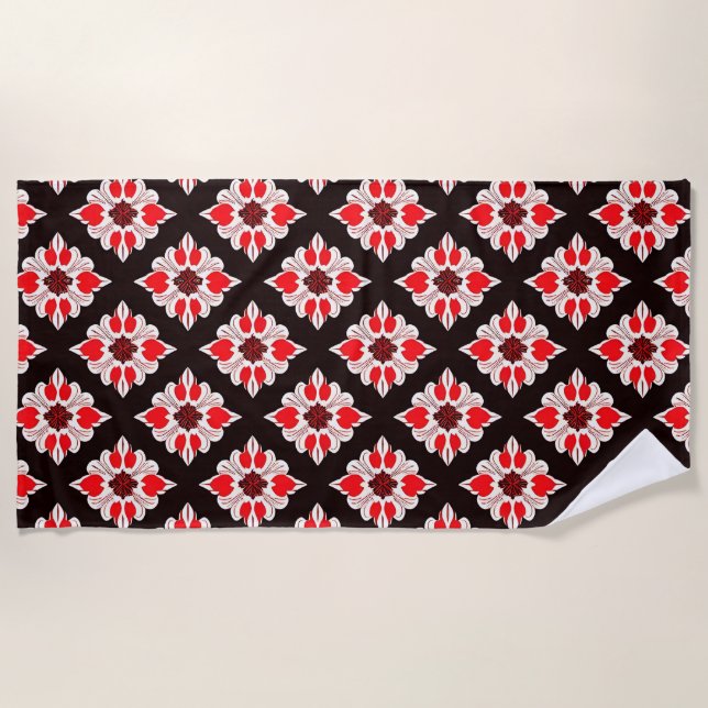Abstract Red and White Floral Pattern Beach Towel (Front)