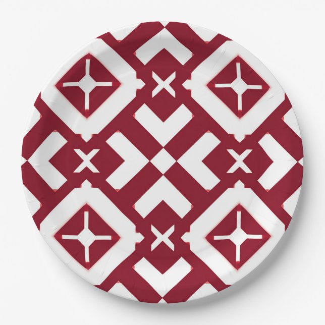 Abstract Red and White Geometric Pattern Paper Plate (Front)