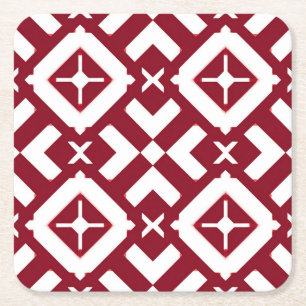 Abstract Red and White Geometric Pattern Square Paper Coaster