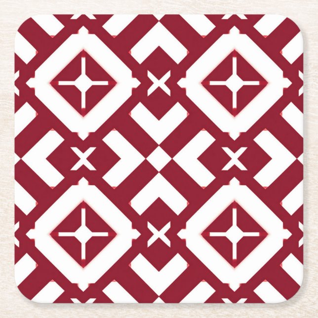 Abstract Red and White Geometric Pattern Square Paper Coaster (Front)