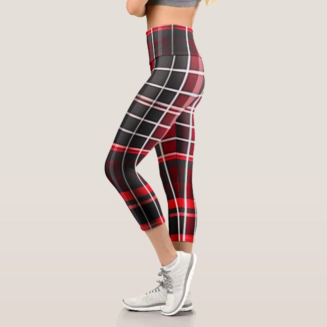 Abstract Red Black Plaid Popular Collection Capri Leggings (Left)