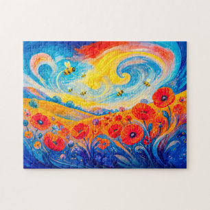 Abstract red blue poppy field with bees jigsaw puzzle