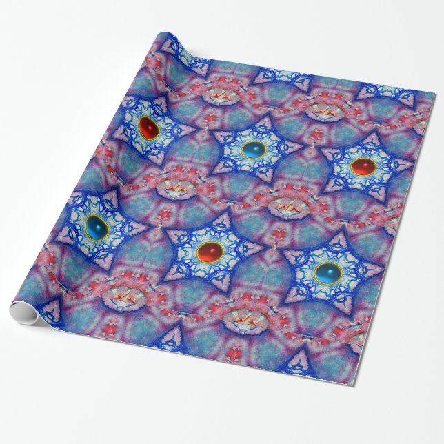 ABSTRACT RED BLUE STARS WITH SHINY GEM STONES WRAPPING PAPER (Unrolled)