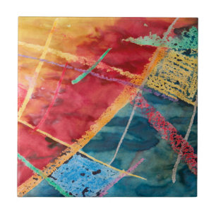 Abstract Red Blue Yellow Watercolor Painting Ceramic Tile