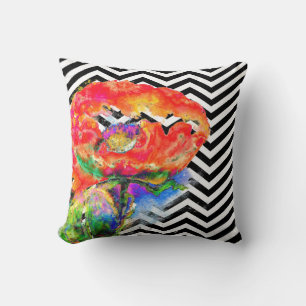 Abstract red floral painting Red Poppy chevron Cushion