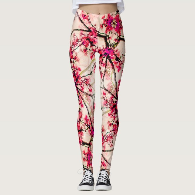 Abstract Red Floral Seamless Pattern Leggings (Front)