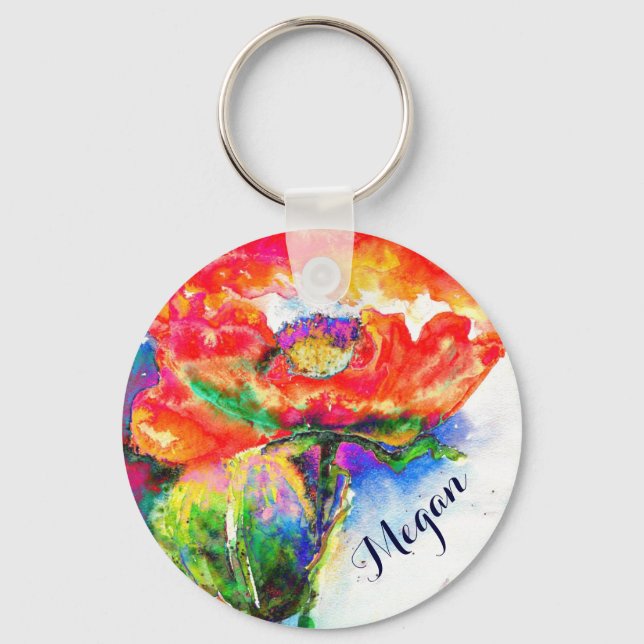 Abstract red floral watercolor  key ring (Front)