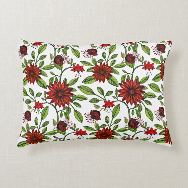 abstract red flowers and green leaves on white bac decorative cushion (Front)