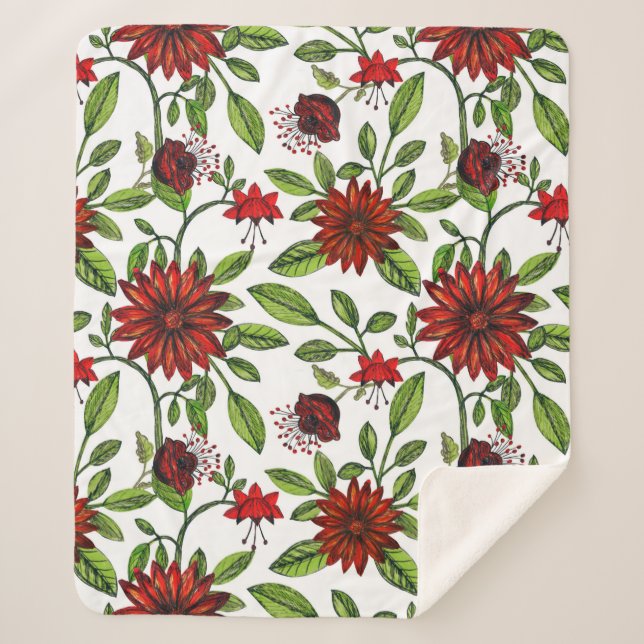 abstract red flowers and green leaves on white bac sherpa blanket (Front)