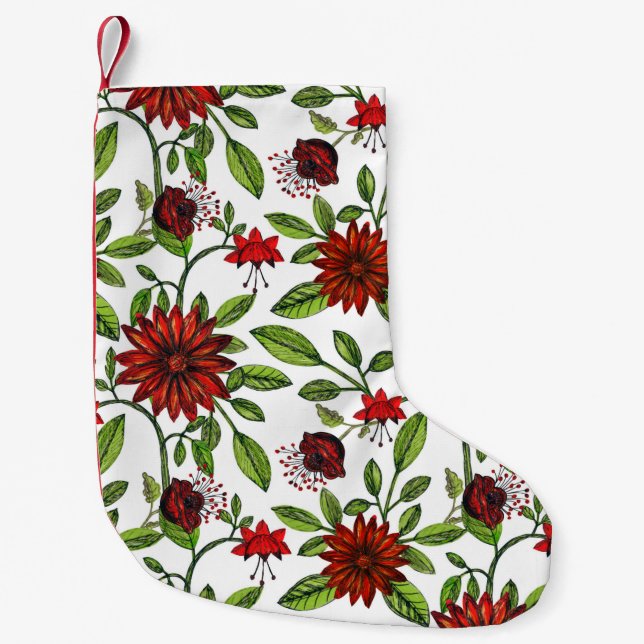 abstract red flowers and green leaves on white bac small christmas stocking (Front)