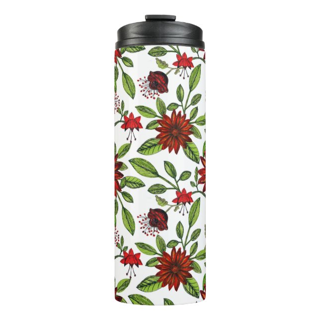abstract red flowers and green leaves on white bac thermal tumbler (Front)