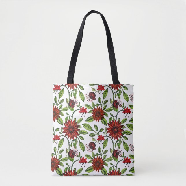 abstract red flowers and green leaves on white bac tote bag (Front)
