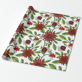 abstract red flowers and green leaves on white bac wrapping paper