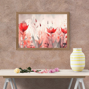  Abstract Red Flowers on Grey Background Photo Print
