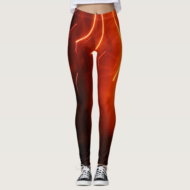 Abstract red gold light streaks fireworks bokeh leggings (Front)