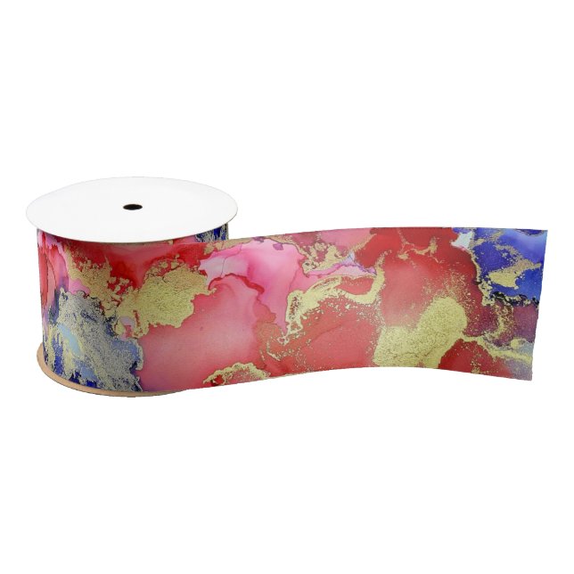 Abstract Red Gold Purple Alcohol Ink Satin Ribbon (Spool)