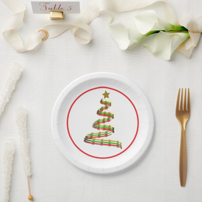 Abstract Red, Green, and Gold Christmas Tree Paper Plate (Wedding)