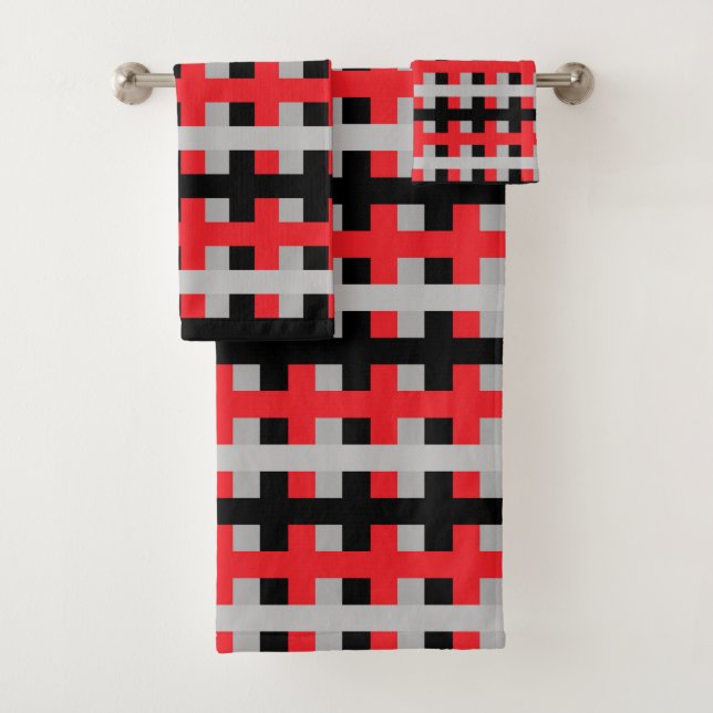 Abstract Red, Grey and Black Bath Towel Set (Insitu)