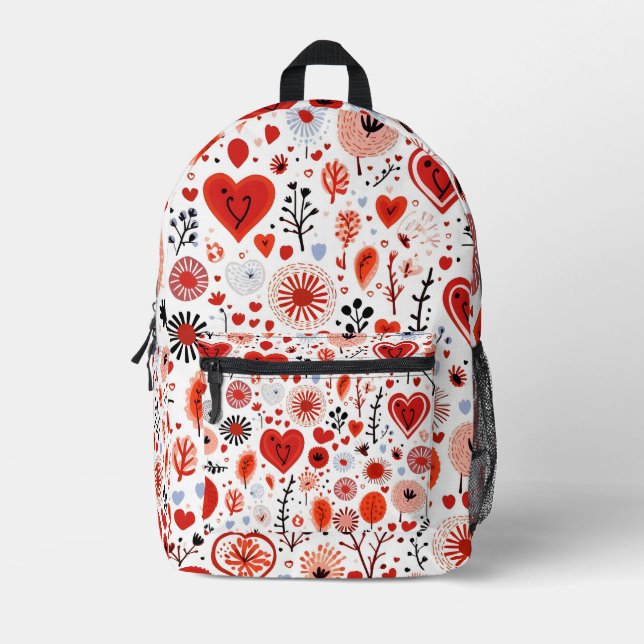 Abstract red heart collage printed backpack (Front)