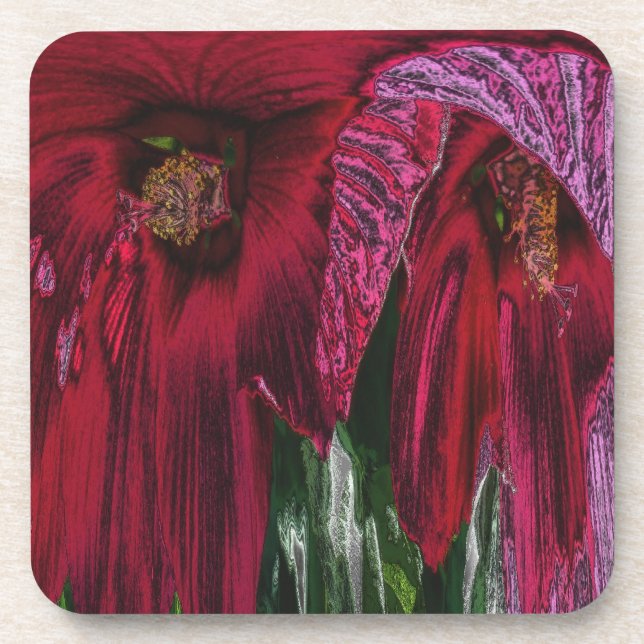 Abstract Red Hibiscus Floral Cork Coaster Set (Front)