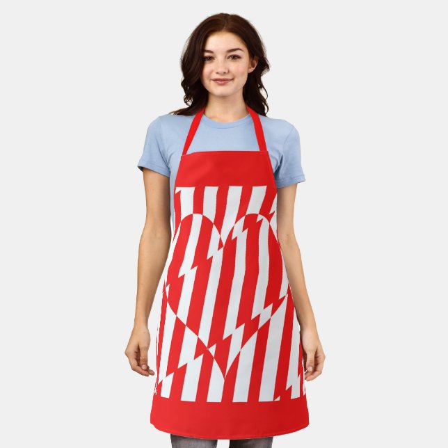 Abstract Red n White Stripes Valentine Heart Apron (Worn)