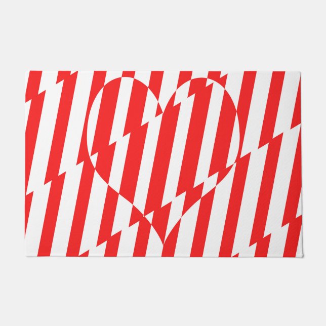 Abstract Red n White Stripes Valentine Heart Doormat (Front)