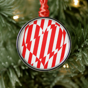 Abstract Red n White Stripes Valentine Heart Metal Ornament