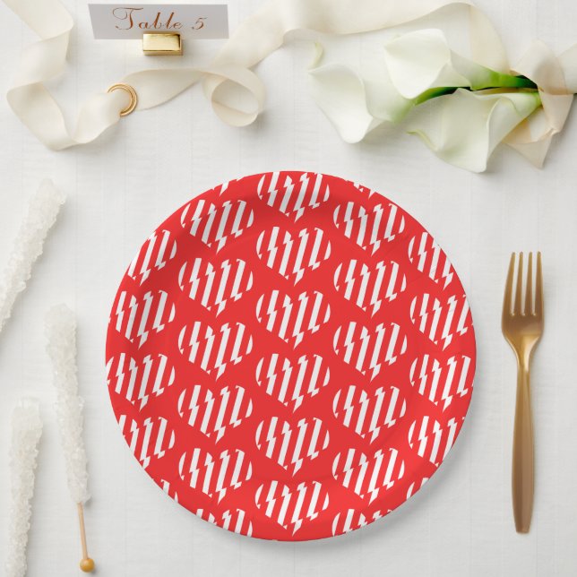Abstract Red n White Stripes Valentine Heart Paper Plate (Wedding)