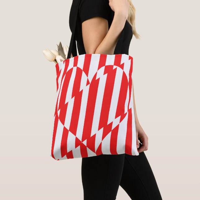 Abstract Red n White Stripes Valentine Heart Tote Bag (Close Up)