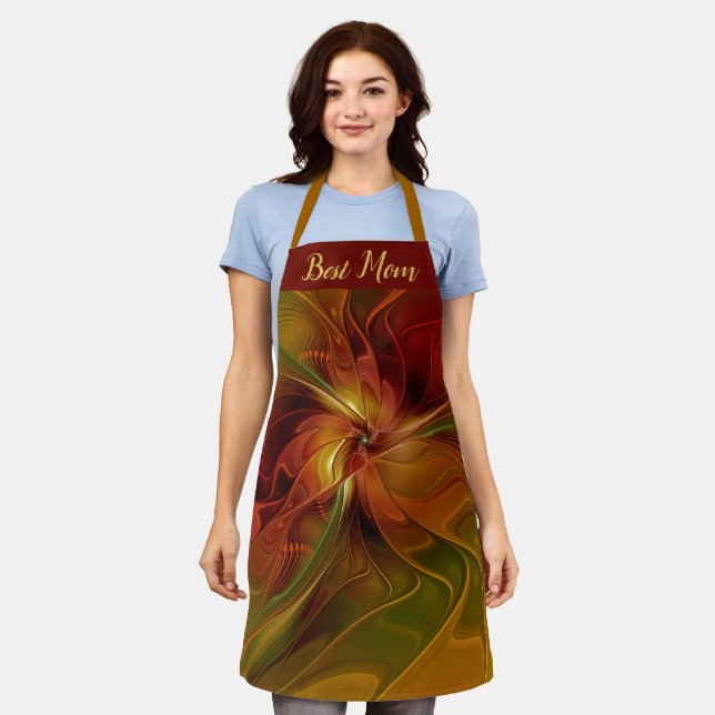 Abstract Red Orange Brown Green Flower Best Mum Apron (Worn)