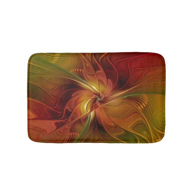 Abstract Red Orange Brown Green Fractal Art Flower Bath Mat (Front)