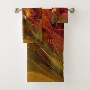 Abstract Red Orange Brown Green Fractal Art Flower Bath Towel Set