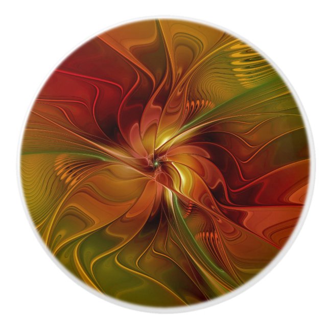 Abstract Red Orange Brown Green Fractal Art Flower Ceramic Knob (Front)
