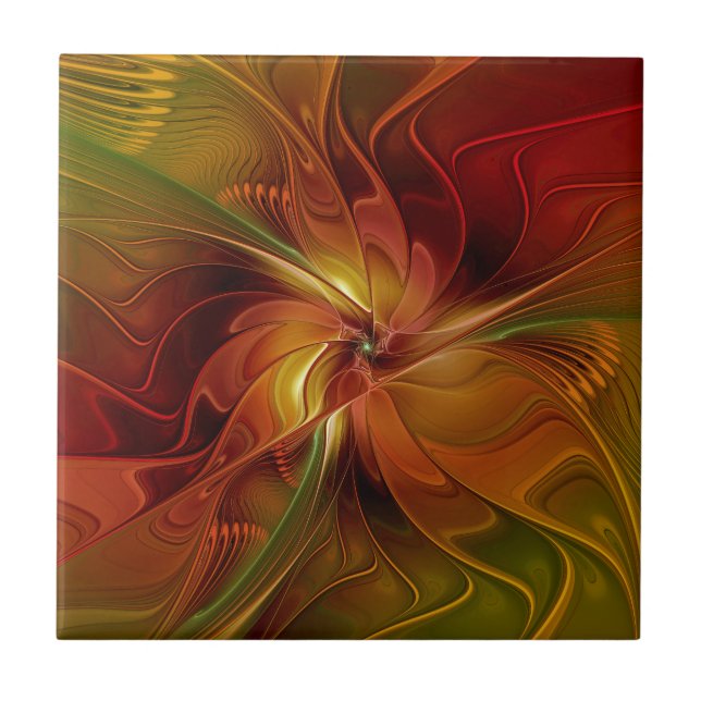 Abstract Red Orange Brown Green Fractal Art Flower Ceramic Tile (Front)