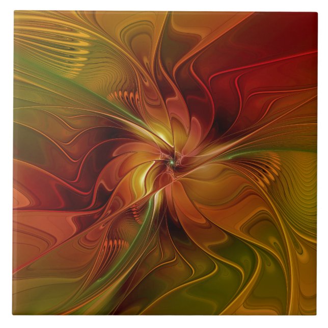 Abstract Red Orange Brown Green Fractal Art Flower Ceramic Tile (Front)