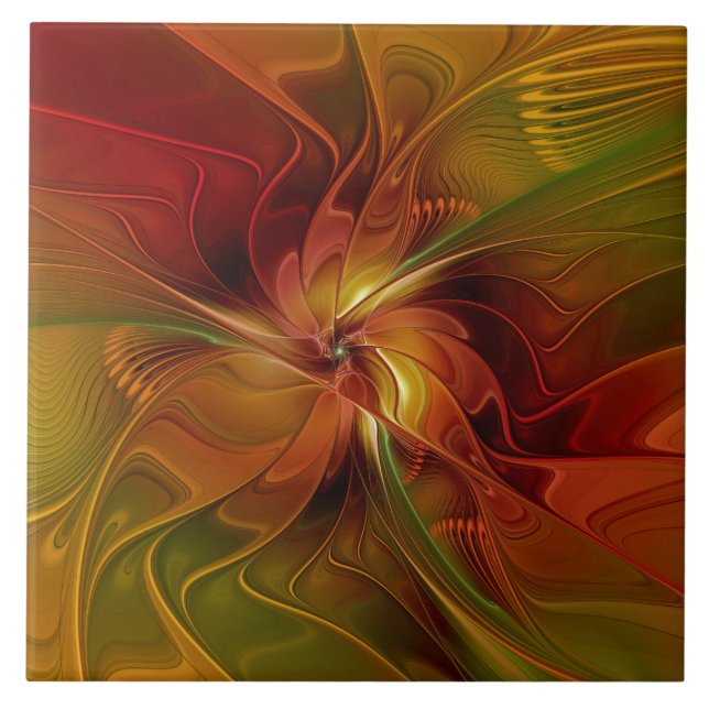 Abstract Red Orange Brown Green Fractal Art Flower Ceramic Tile (Front)